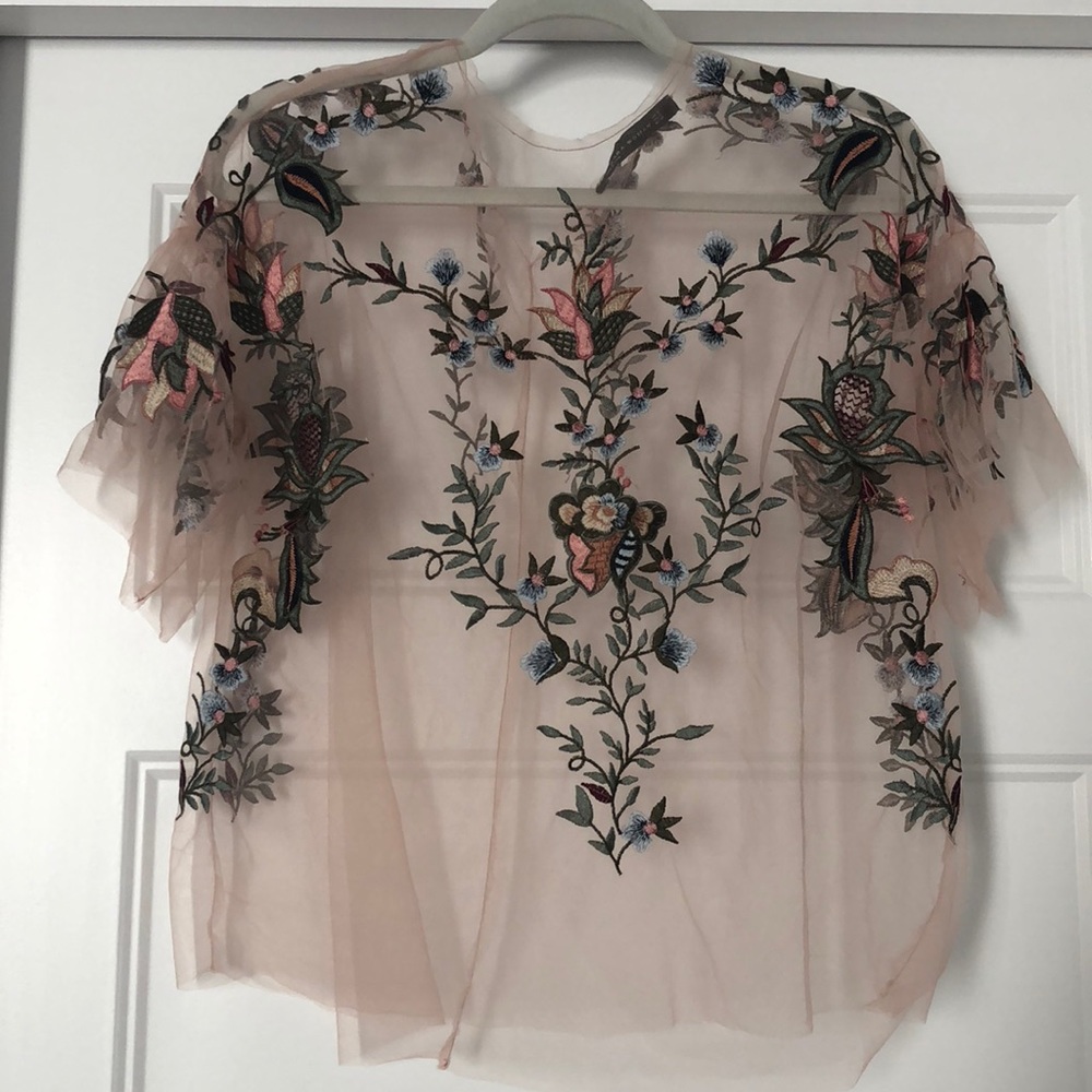 Zara sheer floral appliqué top blouse